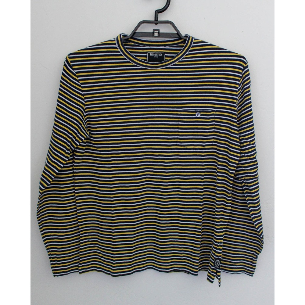Todd Snyder T-Shirt Mens Medium Blue Yellow Striped Pullover Pocket Long Sleeve
